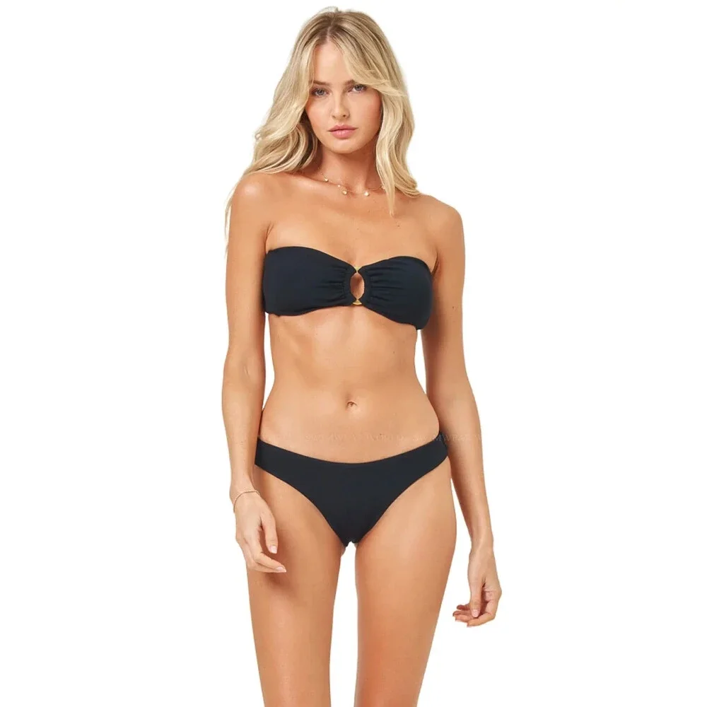 L*Space Rocky Bikini Bottom Women's Large Black Stretch Ribbed Swimwear GBO3007